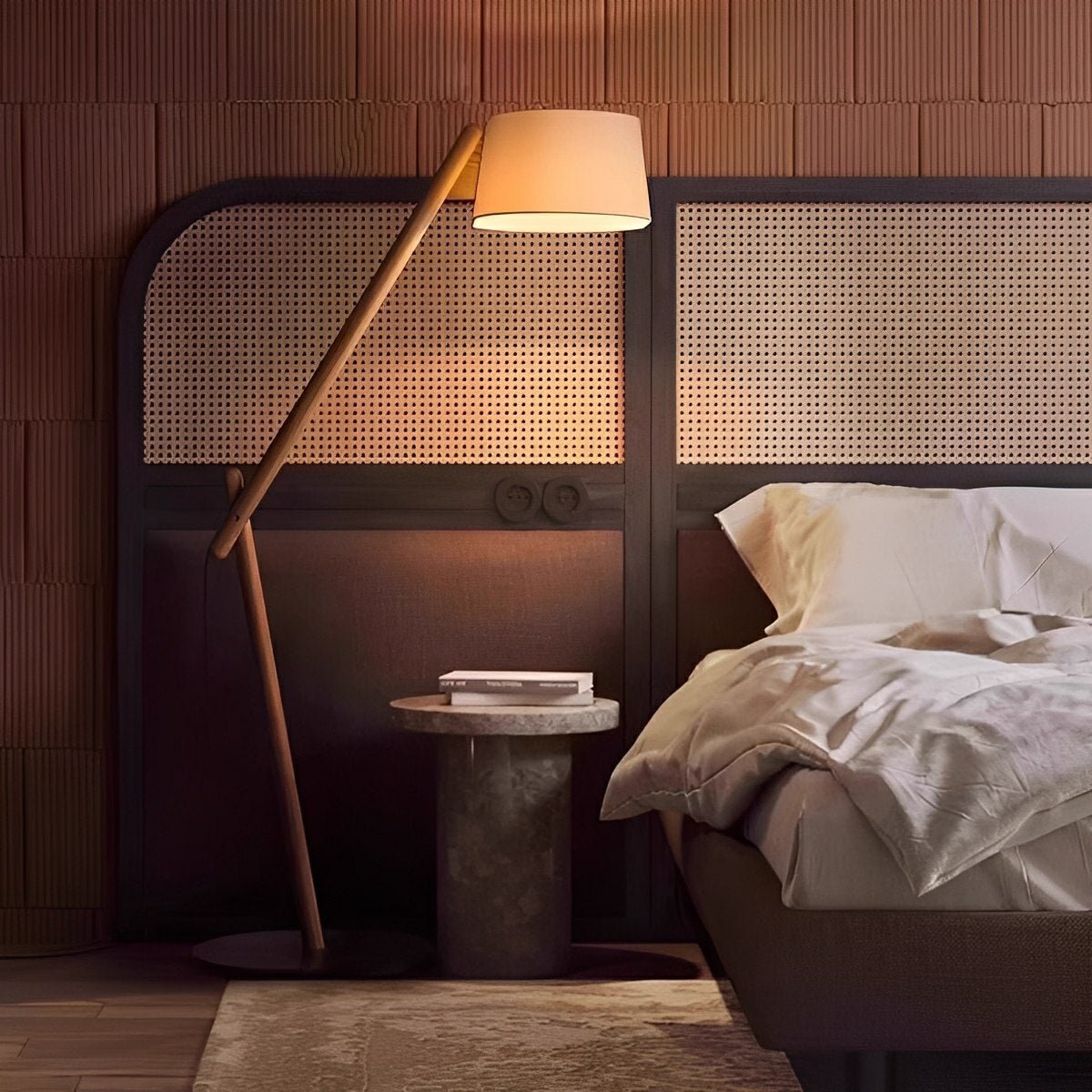 Modern Wood Finish Adjustable Fabric Drum Shade Floor Lamp