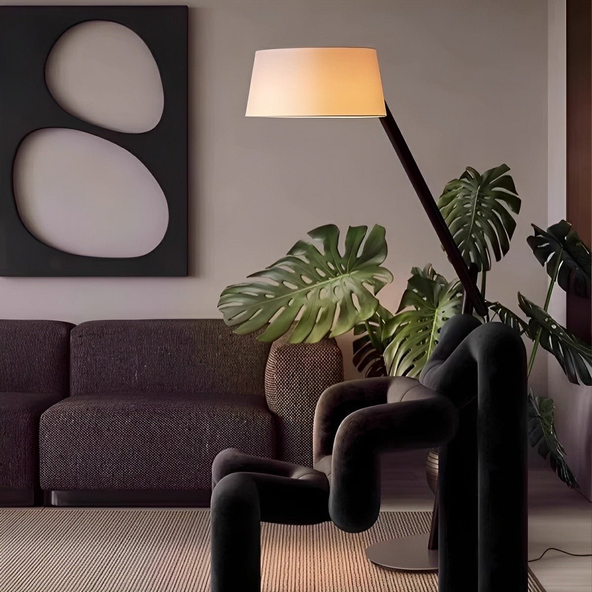 Modern Wood Finish Adjustable Fabric Drum Shade Floor Lamp