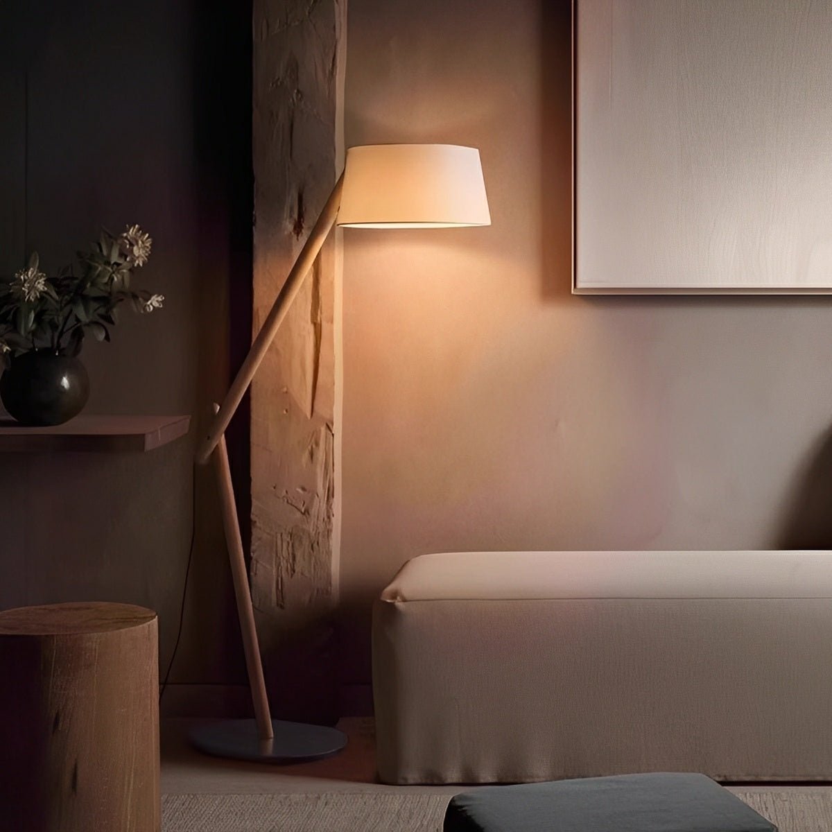 Modern Wood Finish Adjustable Fabric Drum Shade Floor Lamp