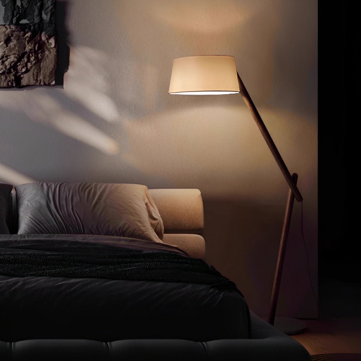 Modern Wood Finish Adjustable Fabric Drum Shade Floor Lamp