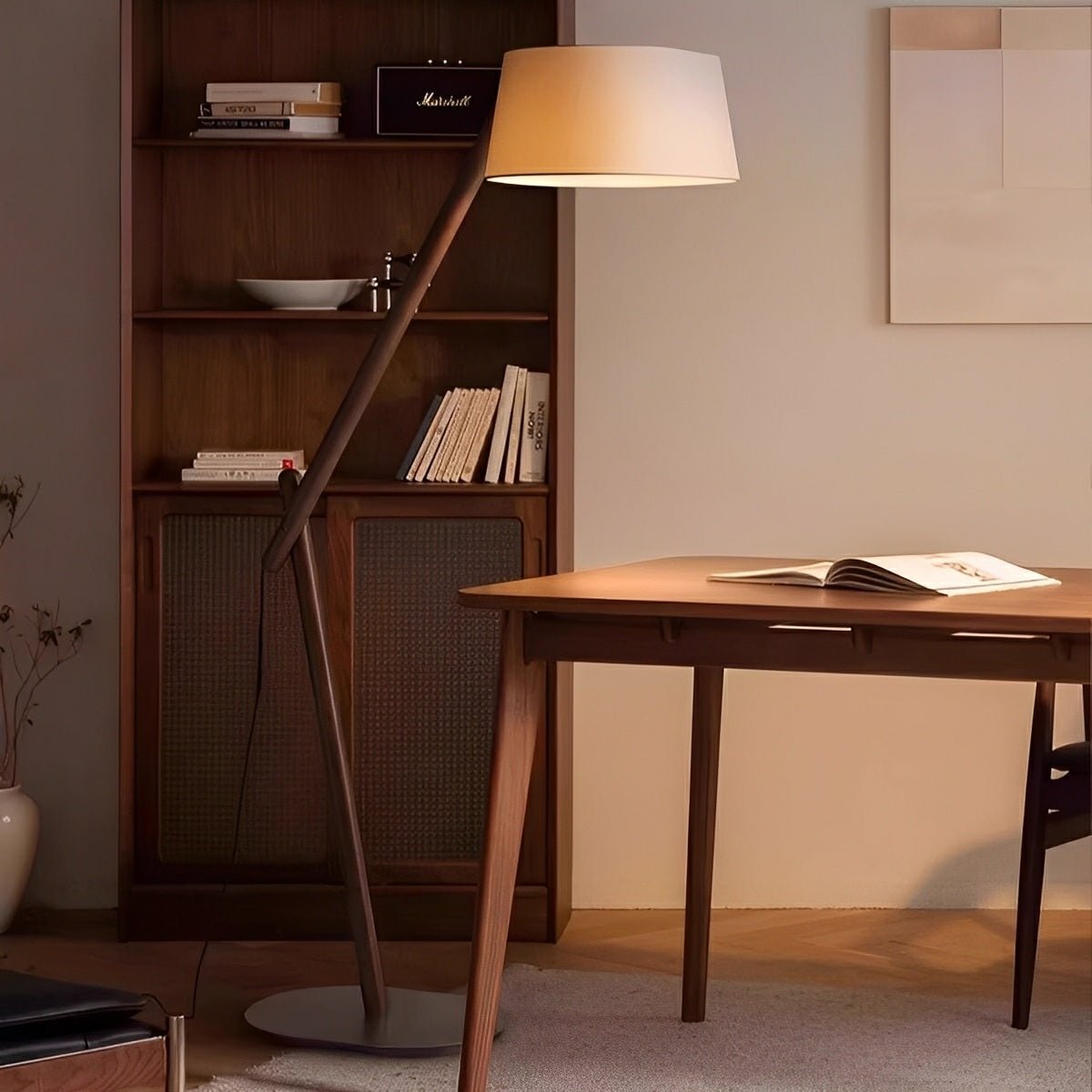 Modern Wood Finish Adjustable Fabric Drum Shade Floor Lamp