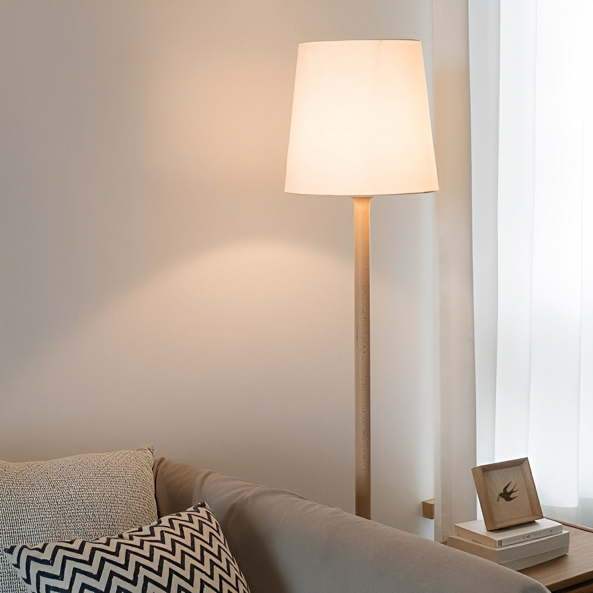 Modern Beech Wood Fabric Drum Shade LED Floor Lamp