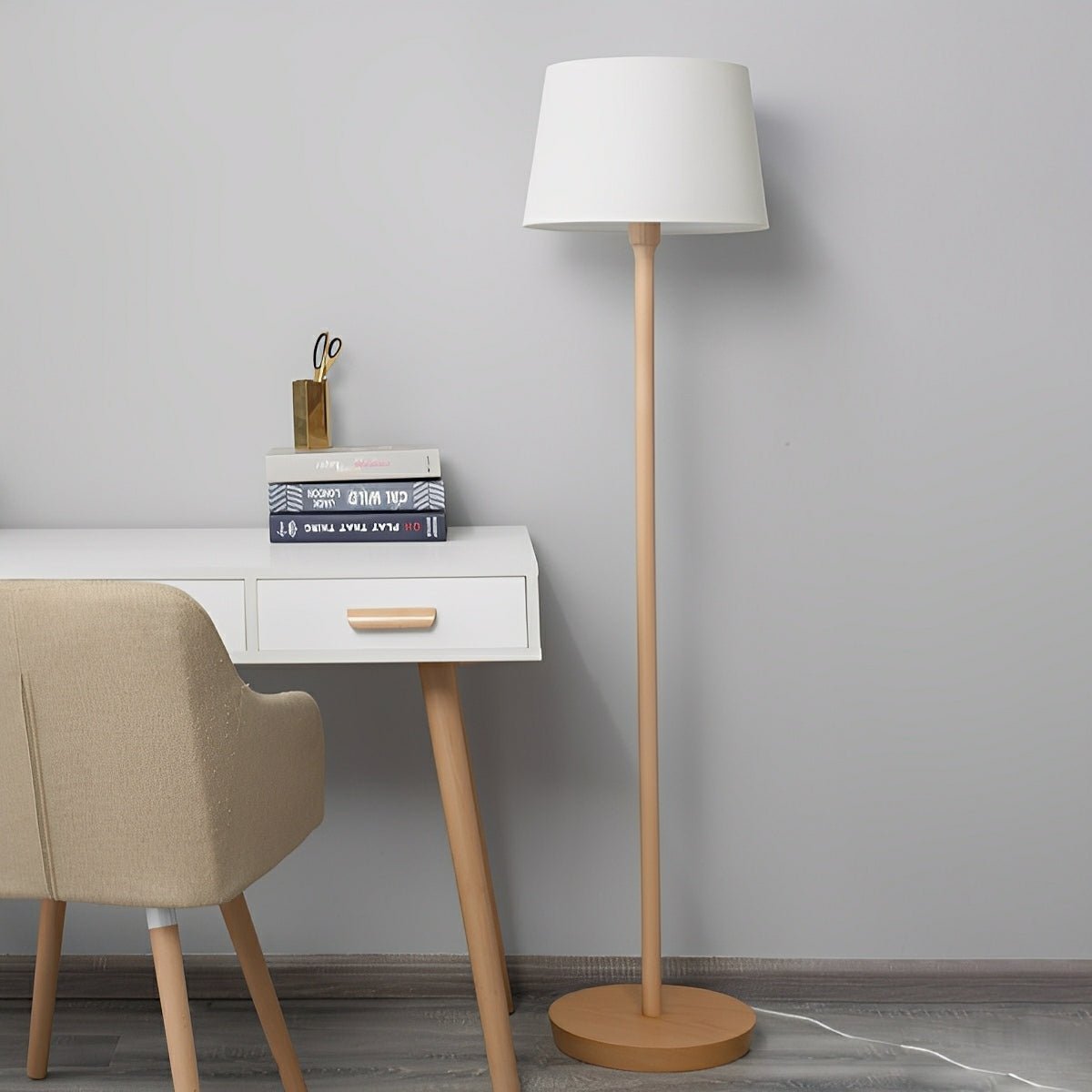 Modern Beech Wood Fabric Drum Shade LED Floor Lamp