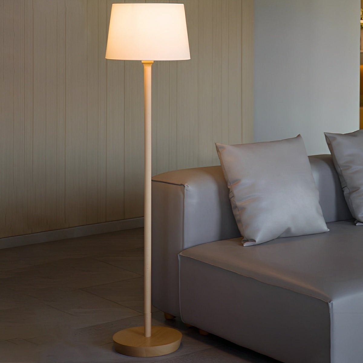 Modern Beech Wood Fabric Drum Shade LED Floor Lamp