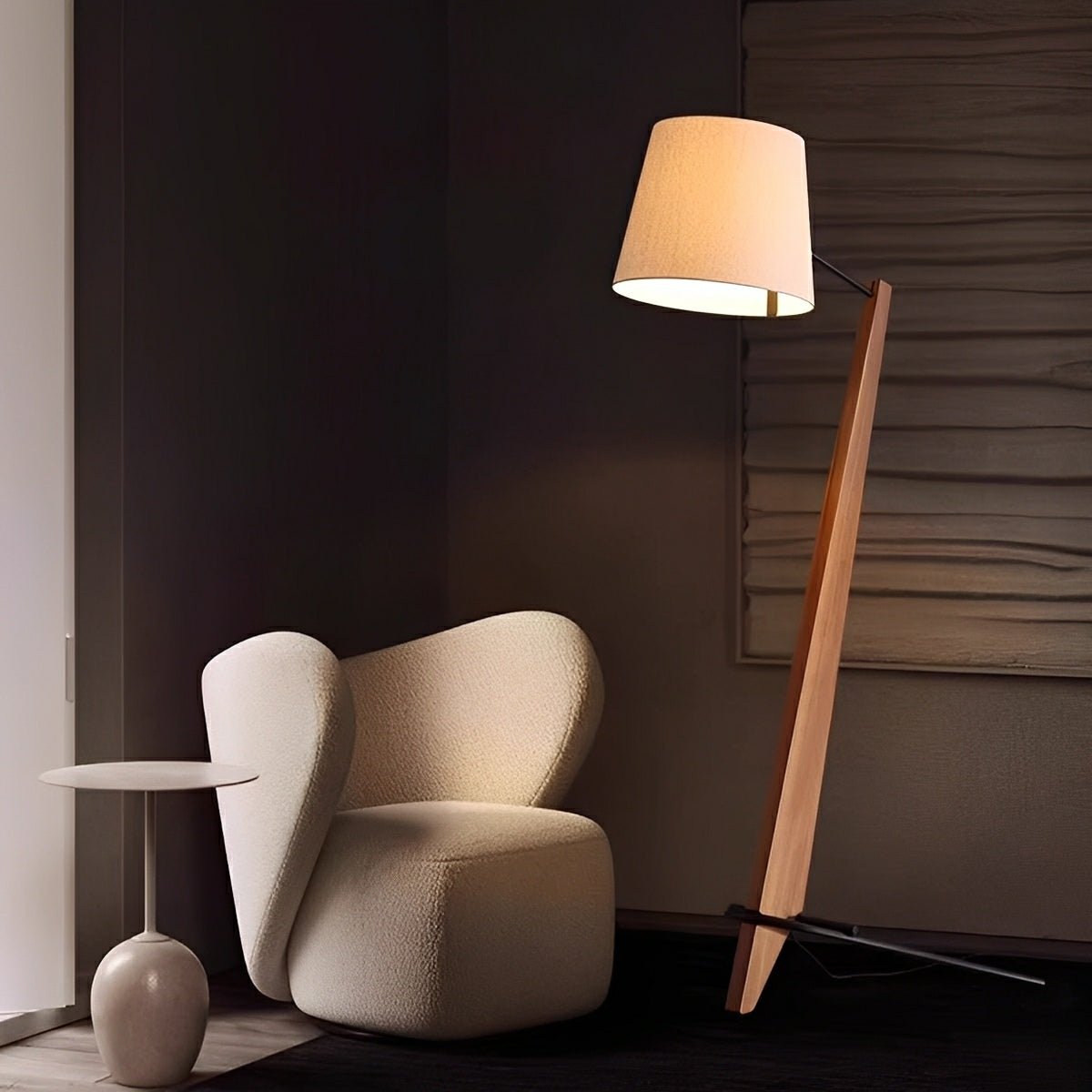 Modern Tilt Wood Fabric Drum Shade Floor Lamp