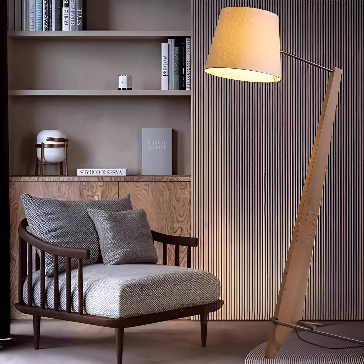 Modern Tilt Wood Fabric Drum Shade Floor Lamp