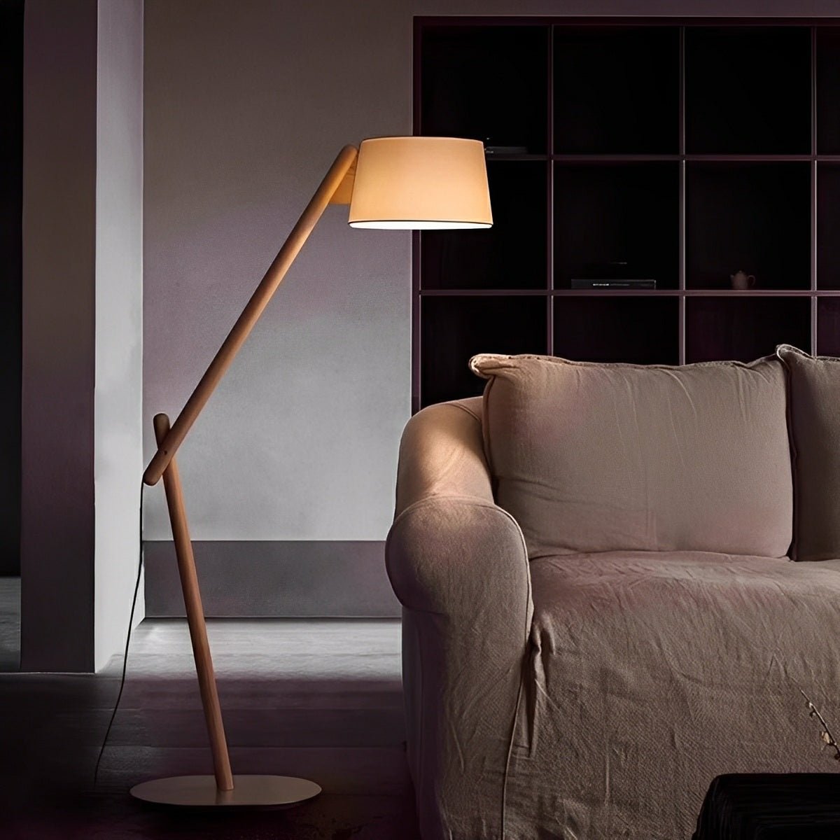 Modern Wood Finish Adjustable Fabric Drum Shade Floor Lamp