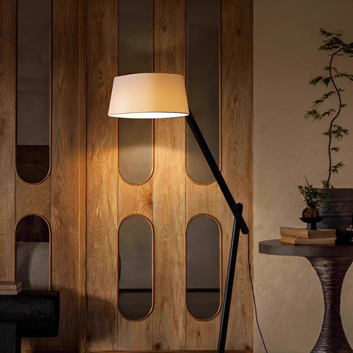 Modern Wood Finish Adjustable Fabric Drum Shade Floor Lamp