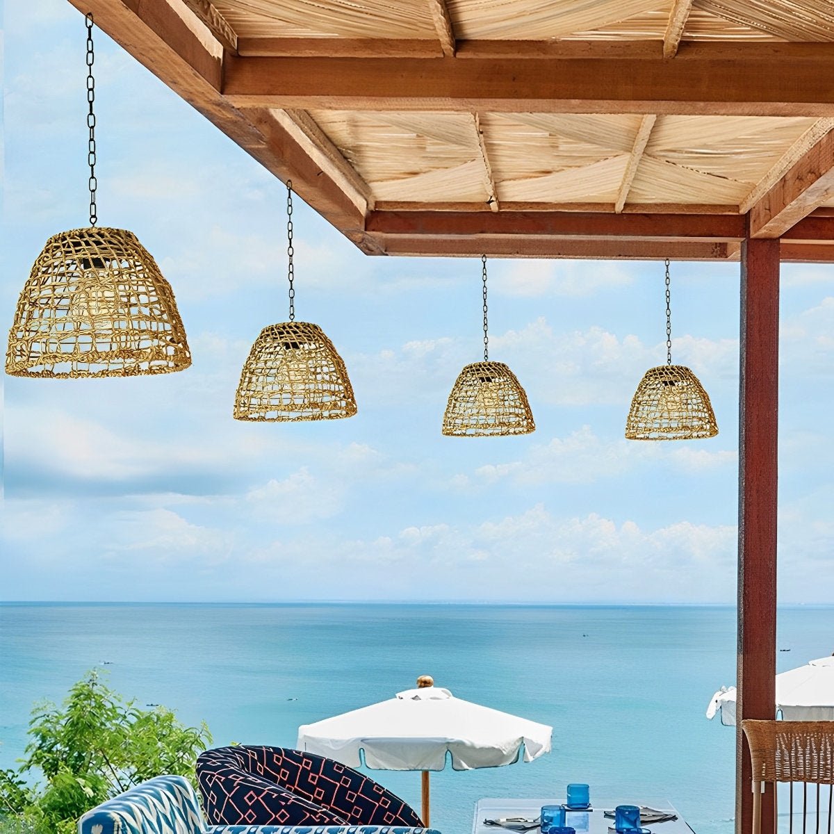 Waterproof Solar Bell Rattan Outdoor Lanterns Pendant Lights