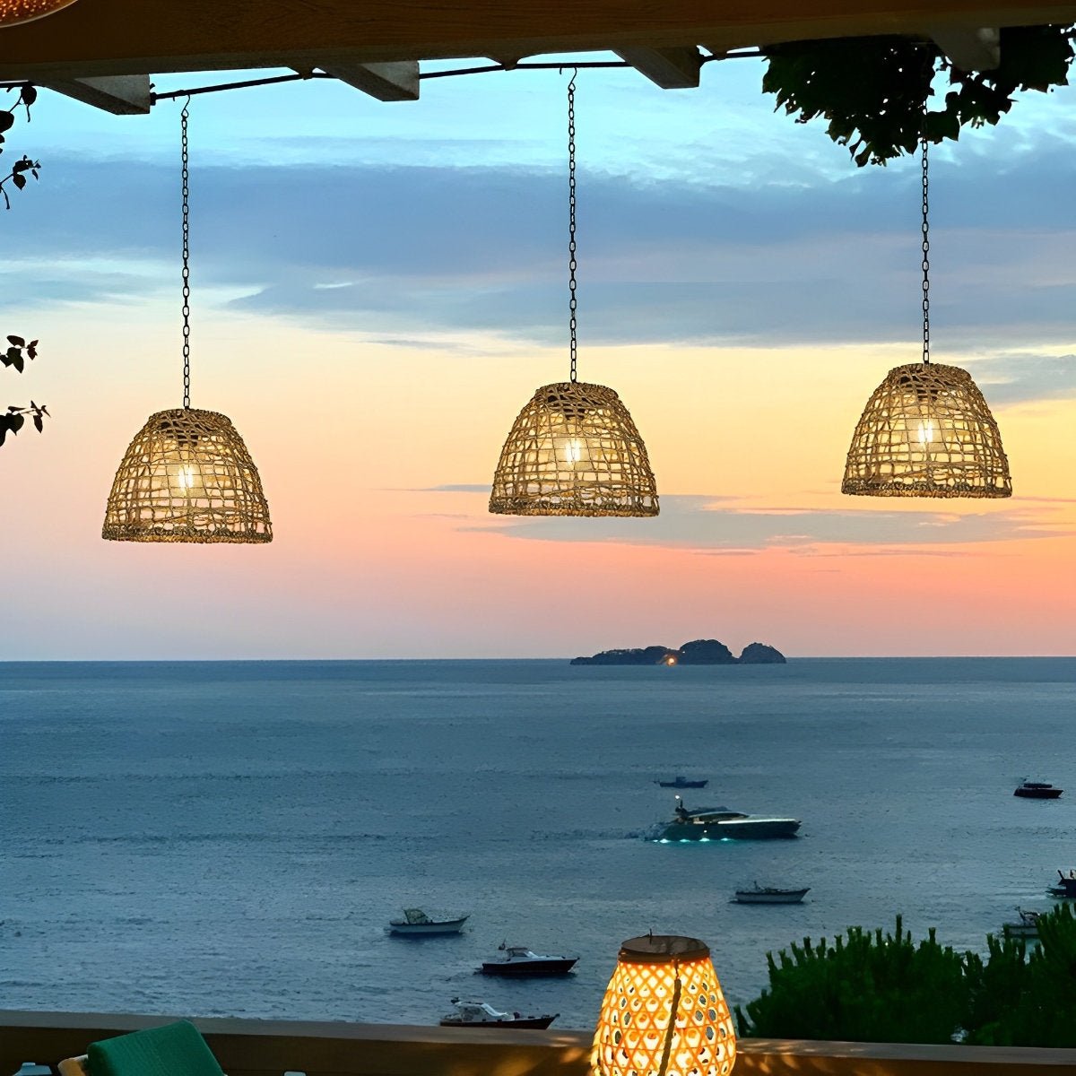 Waterproof Solar Bell Rattan Outdoor Lanterns Pendant Lights